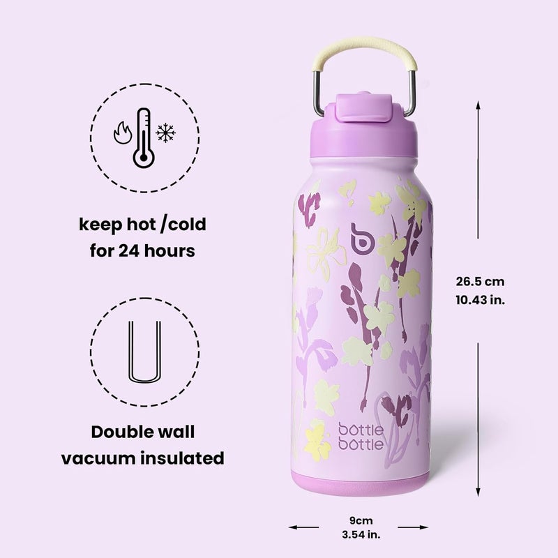 bottle bottle زجاجة زجاجة 32 أونصة زجاجة ماء معزولة من الفولاذ المقاوم للصدأ مع قشة وصندوق حبوب - بنفسجي مزهر - Image 5