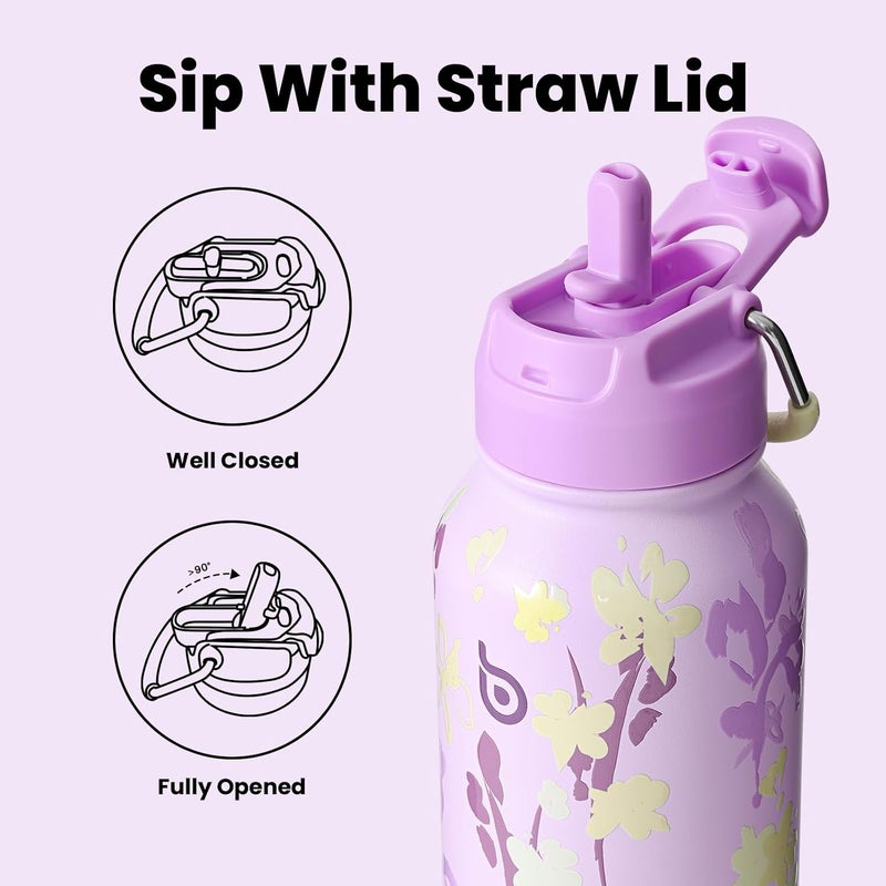 bottle bottle زجاجة زجاجة 32 أونصة زجاجة ماء معزولة من الفولاذ المقاوم للصدأ مع قشة وصندوق حبوب - بنفسجي مزهر - Image 2