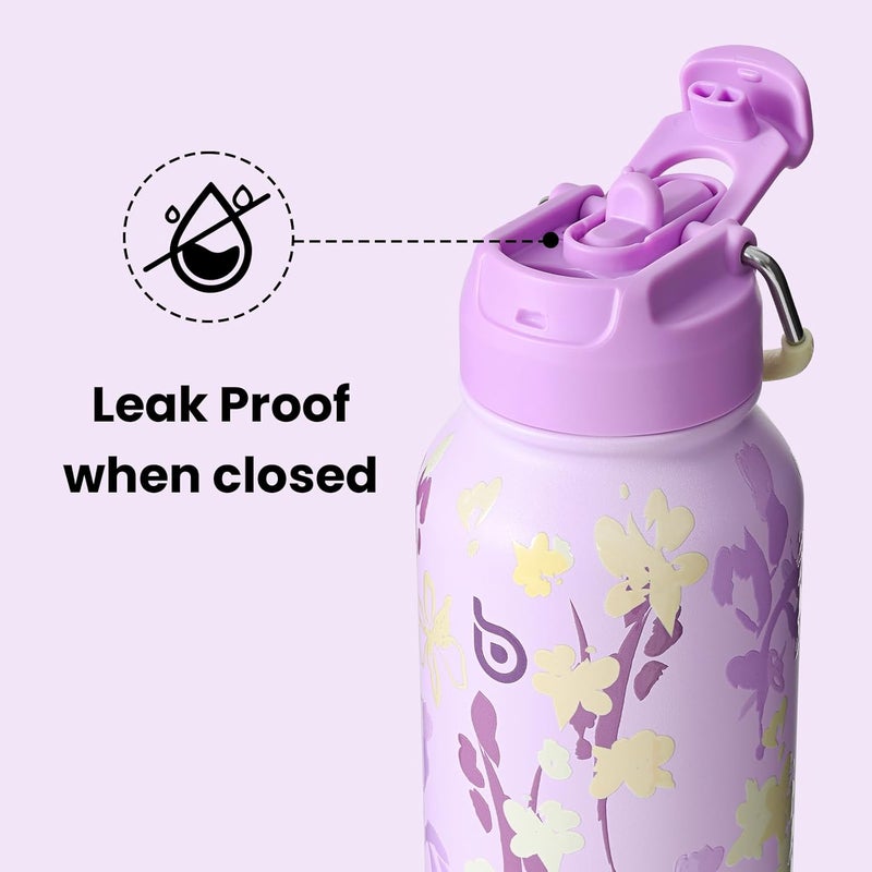 bottle bottle زجاجة زجاجة 32 أونصة زجاجة ماء معزولة من الفولاذ المقاوم للصدأ مع قشة وصندوق حبوب - بنفسجي مزهر - Image 3