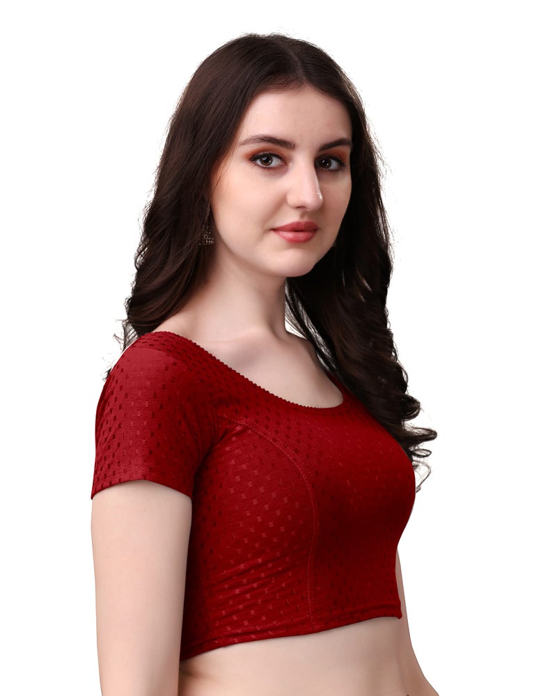 Kipzy Women's Cotton Stretchable Saree Blouse – Round Neck, Short Sleeves, Readymade Slim Fit Blouse for Women, Maroon, 40 - Image 3