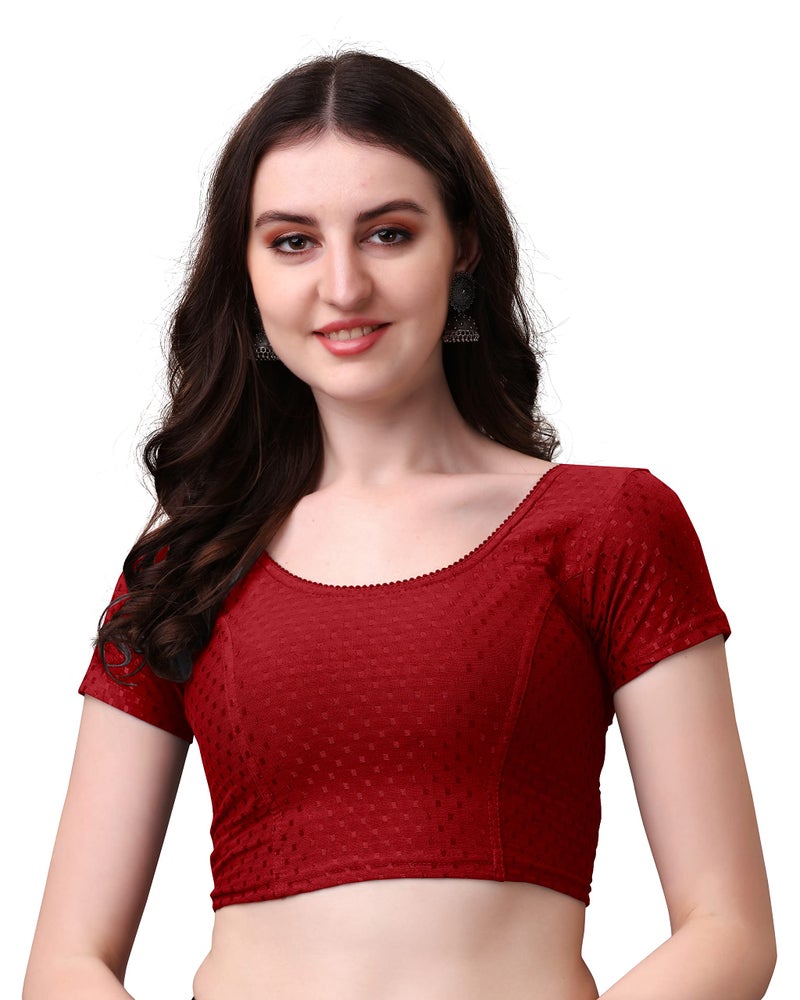 Kipzy Women's Cotton Stretchable Saree Blouse – Round Neck, Short Sleeves, Readymade Slim Fit Blouse for Women, Maroon, 40 - Image 5