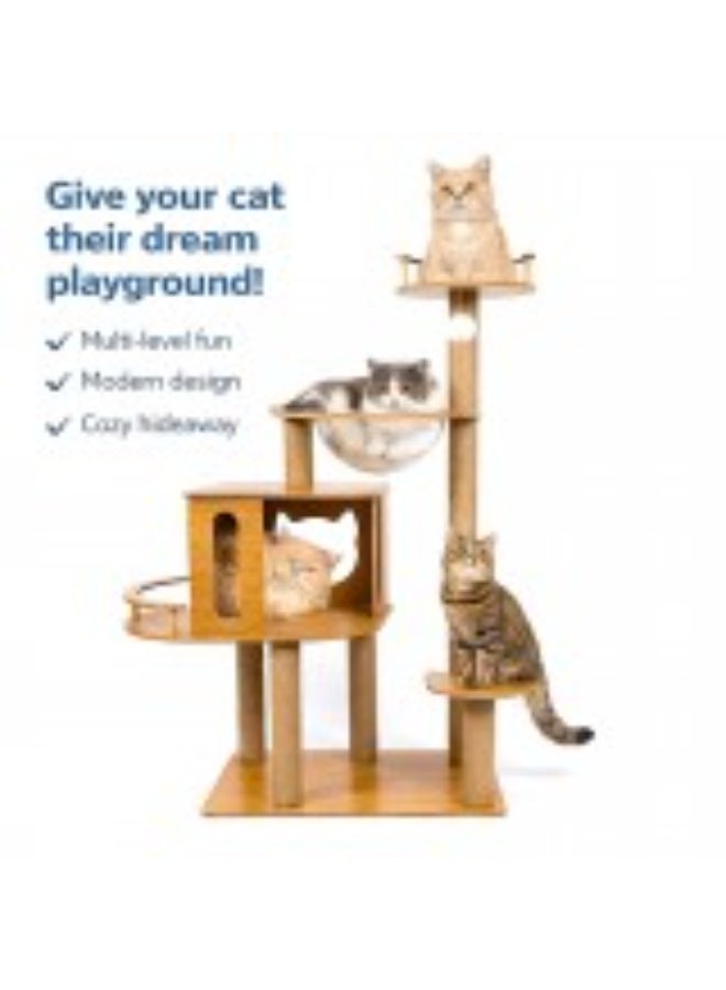 GOLDEN CAT Goldencat Tall Cat Scratching Tree 60x40x135 cm Natural Multi-Level Cat Tower with Sisal Scratching Posts, Condo & Acrylic Space Capsule Bed – Indoor Cat Furniture for Climbing, Scratching & Resting - Image 2