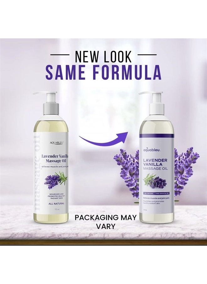 Aquableu - Lavender Vanilla Massage Oil 100% Pure & All-Natural - Natural at-Home Massage Therapy, Soothes Skin & Muscles - Full Body Massage Oil – Sensual and Relaxing – for Men and Women 12 fl oz - Image 1