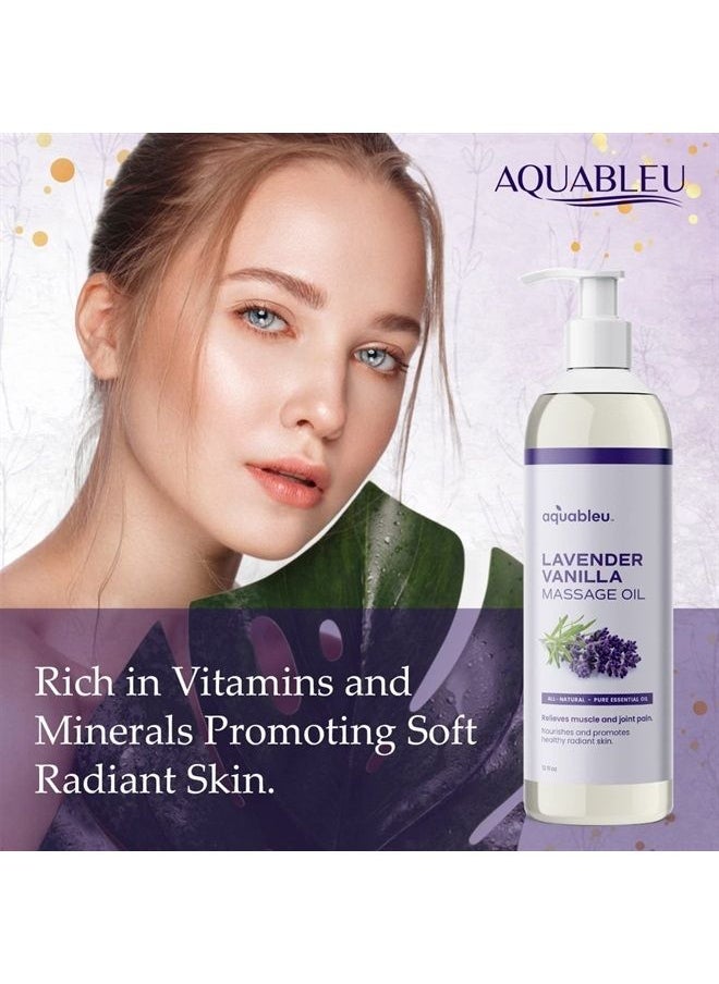 Aquableu - Lavender Vanilla Massage Oil 100% Pure & All-Natural - Natural at-Home Massage Therapy, Soothes Skin & Muscles - Full Body Massage Oil – Sensual and Relaxing – for Men and Women 12 fl oz - Image 1