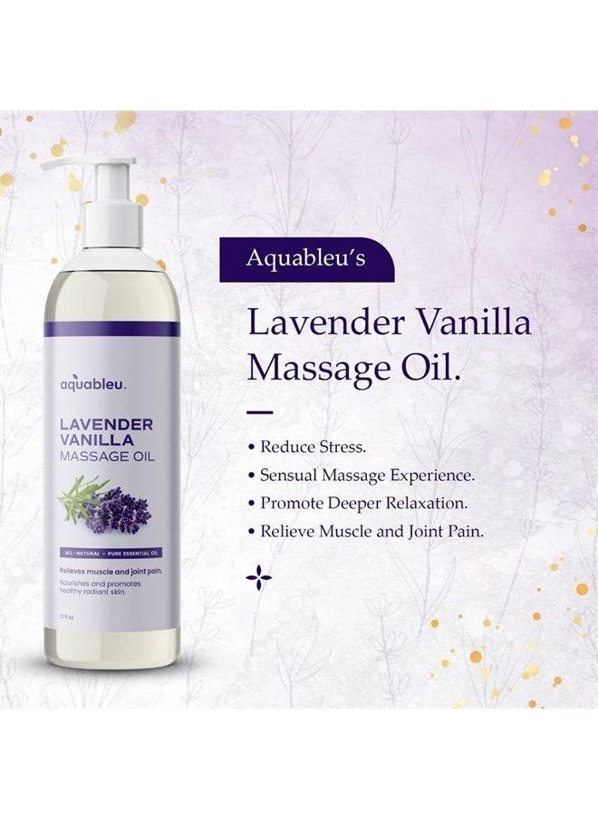 Aquableu - Lavender Vanilla Massage Oil 100% Pure & All-Natural - Natural at-Home Massage Therapy, Soothes Skin & Muscles - Full Body Massage Oil – Sensual and Relaxing – for Men and Women 12 fl oz - Image 1