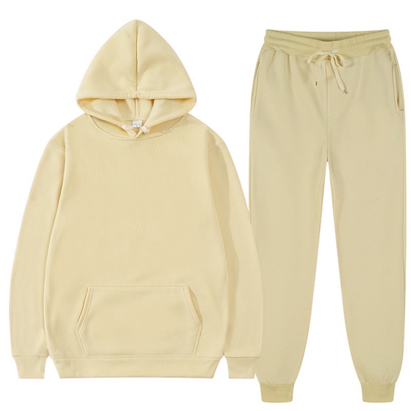 2023 spring and autumn cross-border mens and womens casual European size blank solid color suit fleece loose sweater sweatpants two-piece set batch Light yellow 
