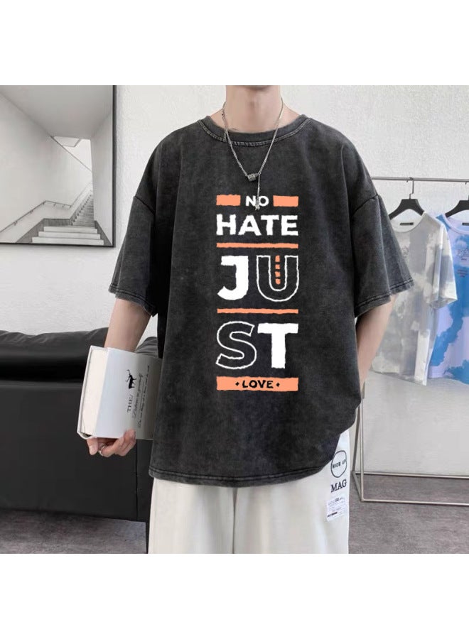 Minimalist Loose Fit Oversized Men's Printed T-shirt Distressed Washed Versatile Extra Large Can Wear Up To 300 Jin Summer Short Sleeve T-shirt