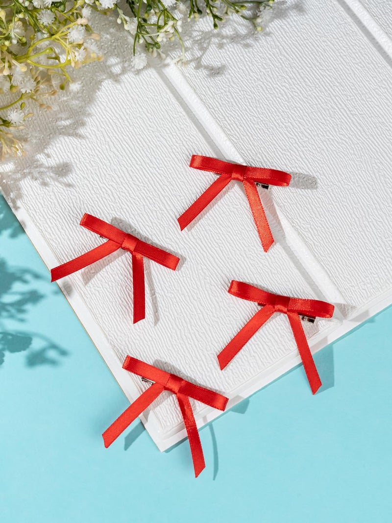 Arendelle Christmas Combo of 4 Satin Silk Mini Hairpin Bow In Red For Girls [ABW105] - Image 2