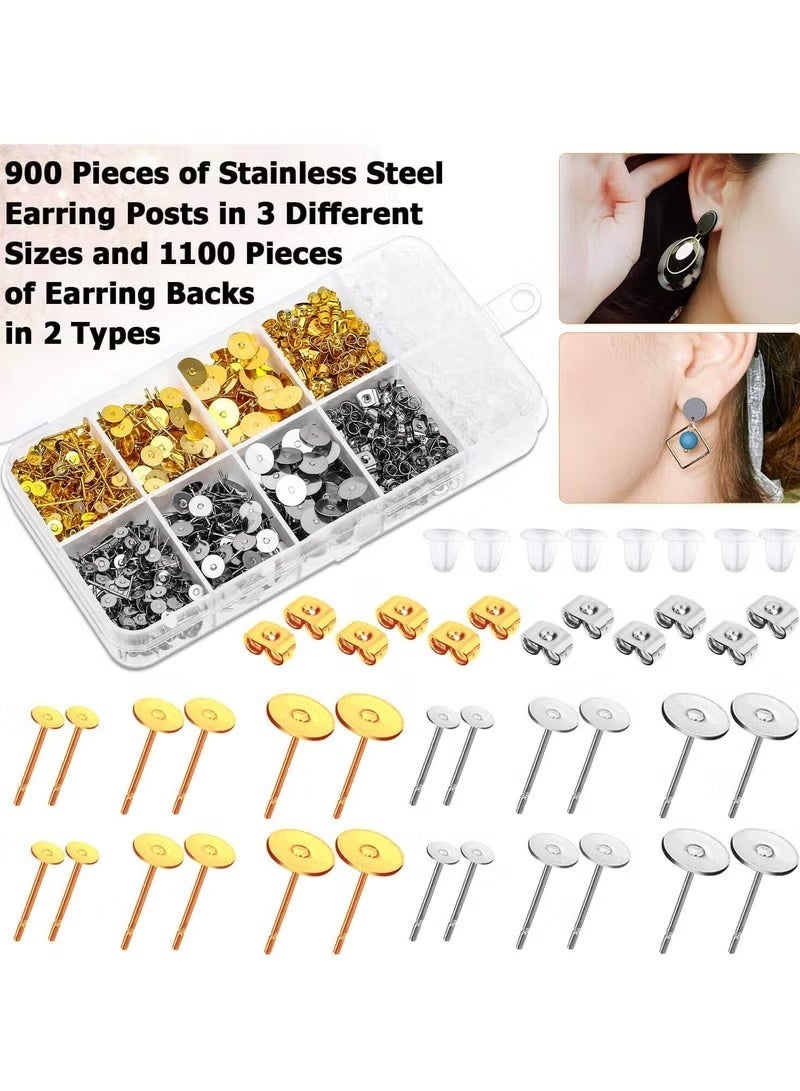 Excefore Earring Posts and Backs, 2000Pcs Earring Studs, with Stainless Steel Earring Posts and Earring Backs for Studs, for Leather Stud, Pearl Jewelry Making - Image 2