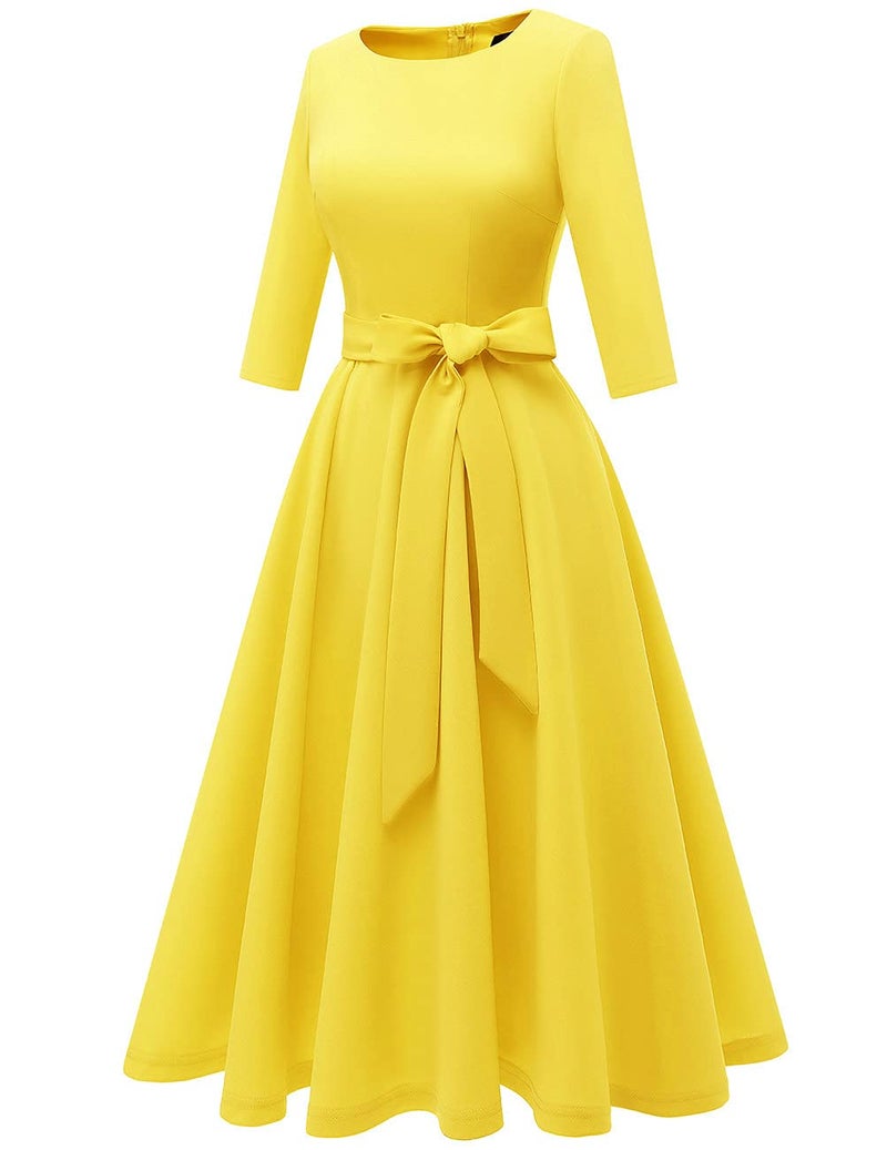 DRESSTELLS Vintage Tea Dress for Women, 1950s Cocktail Party Dresses, Modest Bridesmaid Dress for Wedding Guest, 3/4 Sleeve Formal Aline Church Dress, Fit Flare Prom Dress Yellow S - Image 2