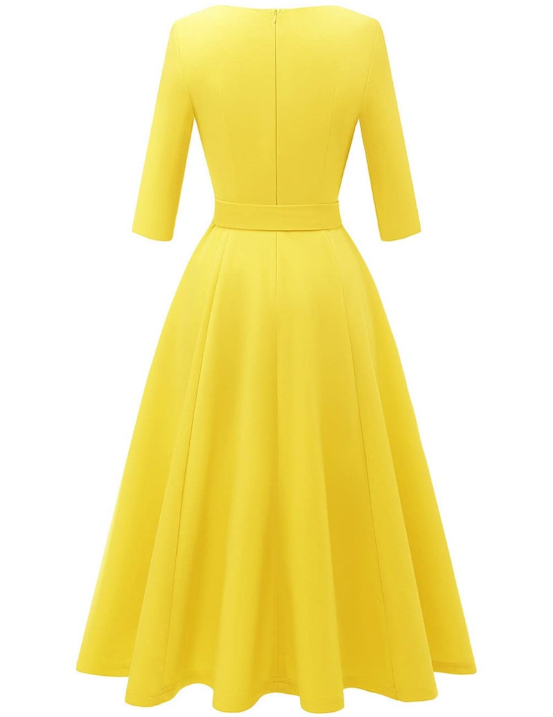 DRESSTELLS Vintage Tea Dress for Women, 1950s Cocktail Party Dresses, Modest Bridesmaid Dress for Wedding Guest, 3/4 Sleeve Formal Aline Church Dress, Fit Flare Prom Dress Yellow S - Image 3