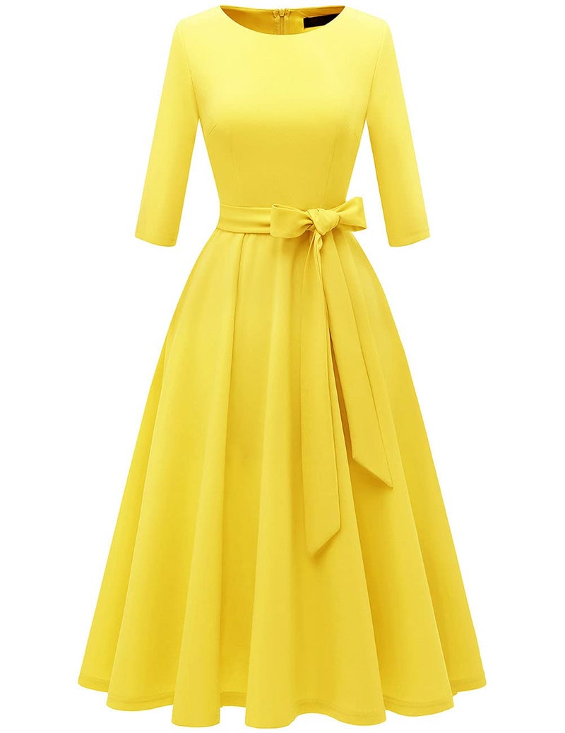 DRESSTELLS Vintage Tea Dress for Women, 1950s Cocktail Party Dresses, Modest Bridesmaid Dress for Wedding Guest, 3/4 Sleeve Formal Aline Church Dress, Fit Flare Prom Dress Yellow S - Image 5