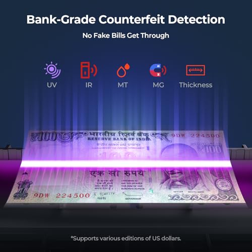 MUNBYN IMC51 Bill Counter, 1100 Bills Per Minute Speed | UV/Magnetic/Infrared/Counterfeit Detector, Suitable for Counting Rupees, Cash Counting Machine with LCD Display, [Value Counting] - Image 4