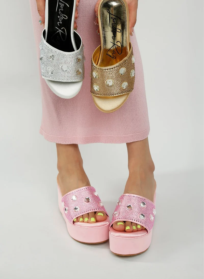 London Rag Diamante & Rhinestone Flatform Sandals in Gold