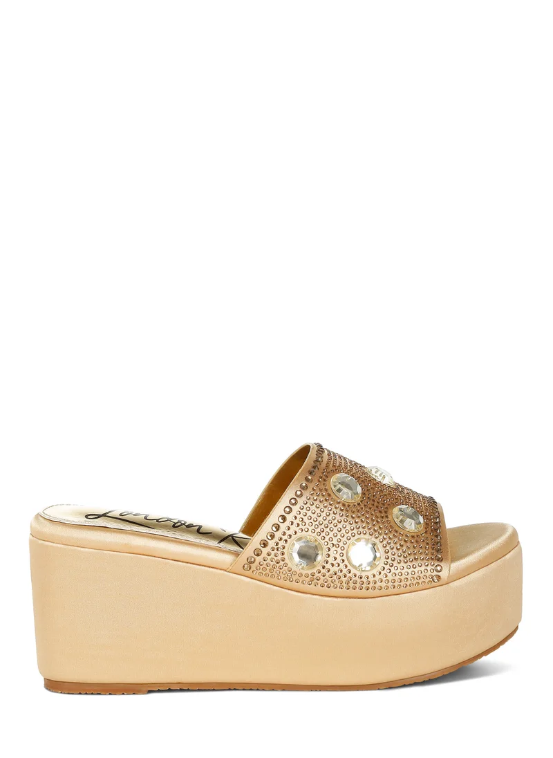 London Rag Diamante & Rhinestone Flatform Sandals in Gold