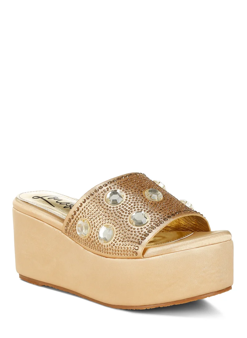 London Rag Diamante & Rhinestone Flatform Sandals in Gold