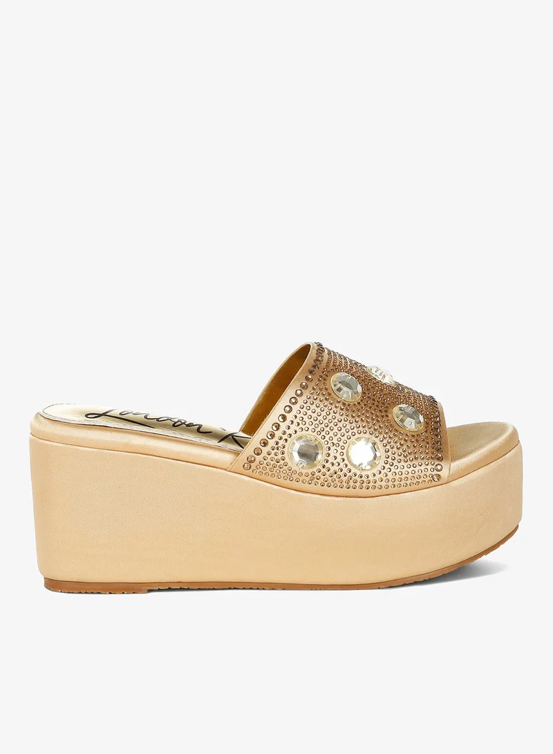 Diamante & Rhinestone Flatform Sandals in Gold