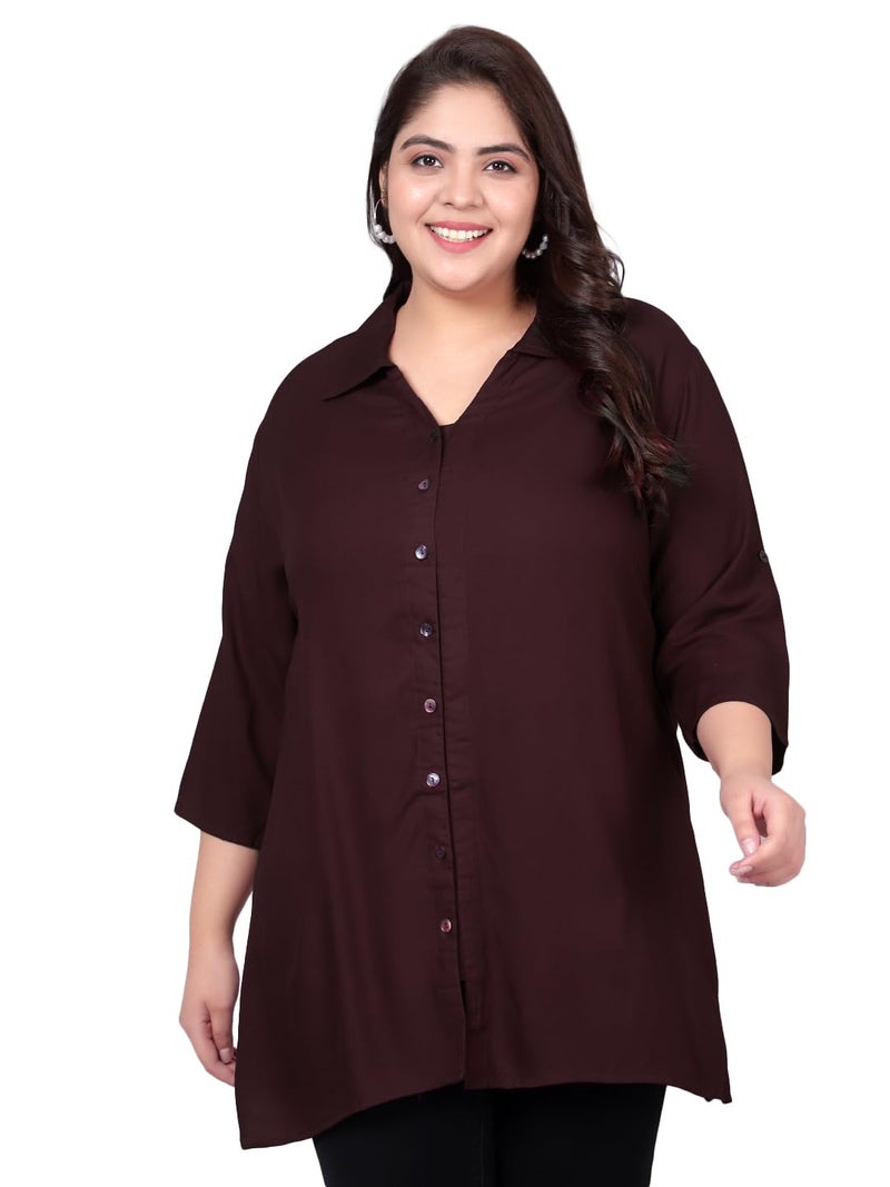 Indietoga Women's Plus Size Casual Rayon Longline Regular Fit Shirt Tops (P10001494_Brown Solid_6Xl) - Image 1