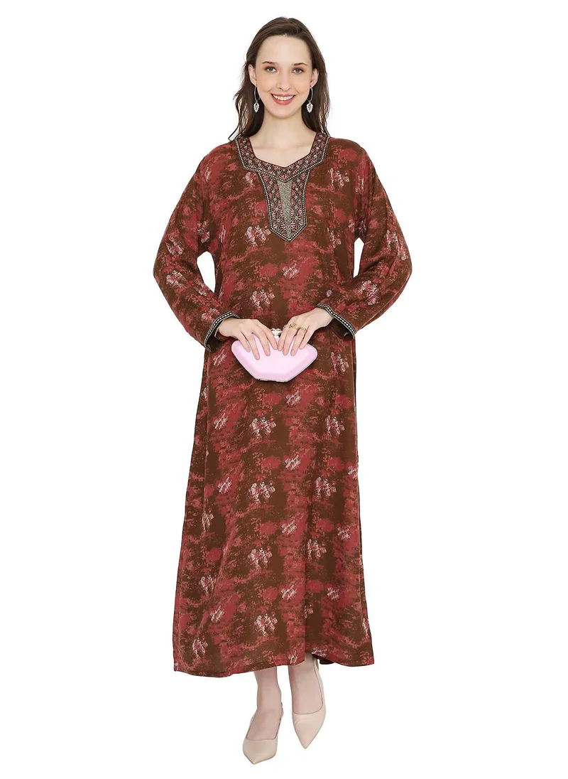 HANA & SARA LONG VISCOSE PRINTED WITH STONE WORK EMBROIDERED ARABIC KAFTAN JALABIYA FARASHA DRESS