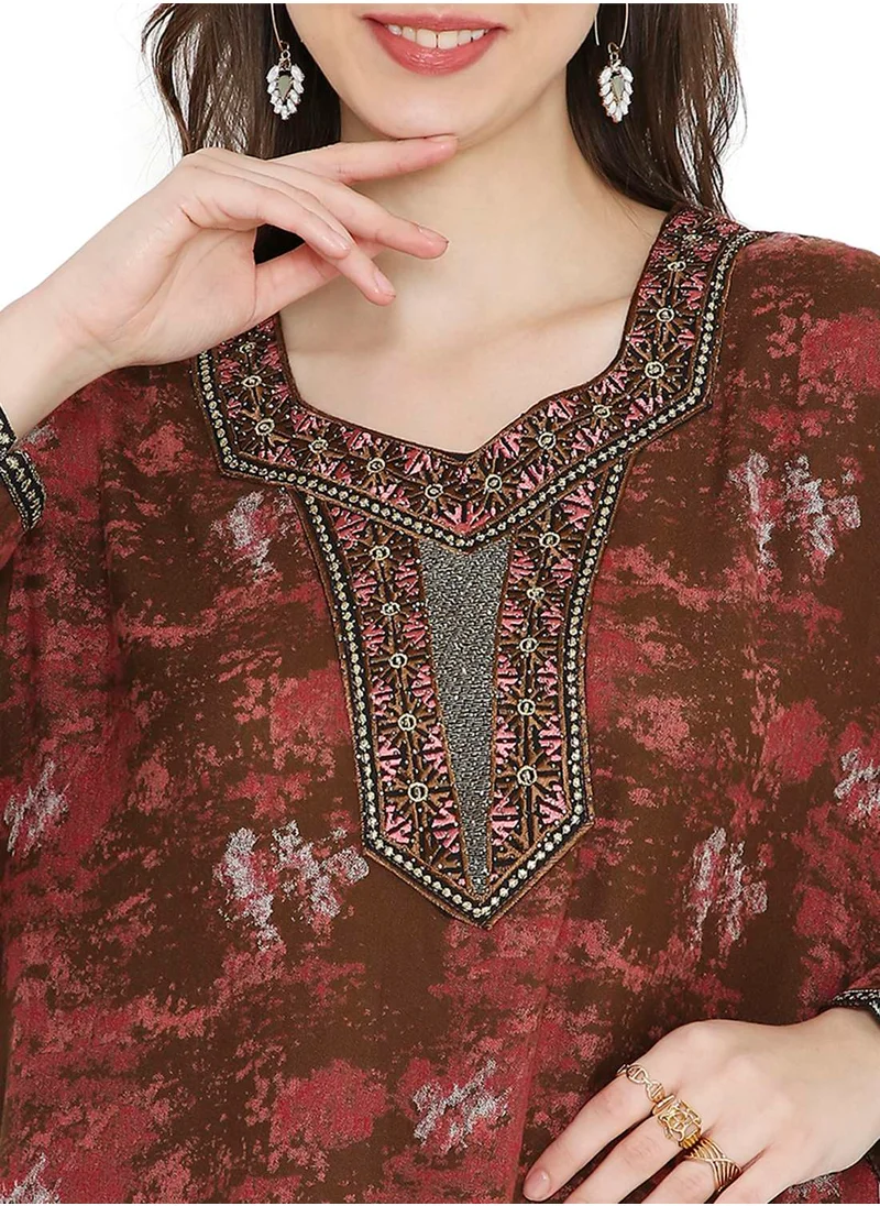 HANA & SARA LONG VISCOSE PRINTED WITH STONE WORK EMBROIDERED ARABIC KAFTAN JALABIYA FARASHA DRESS