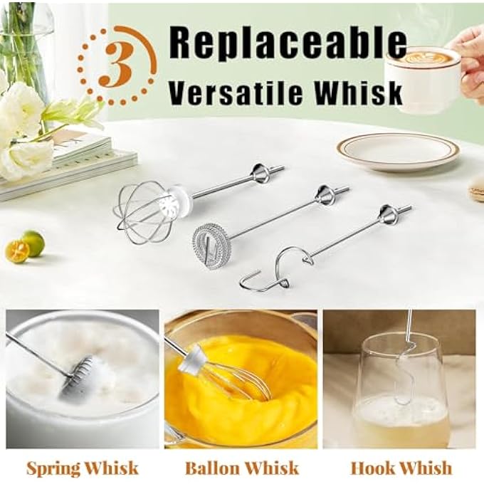 كاست ويف عصا خفق الحليب السوداء المحمولة باليد، خفاقة حليب كهربائية قابلة لإعادة الشحن مع 3 رؤوس قابلة للتبديل، 3 سرعات، تعمل بالبطارية، صانع رغوة للقهوة واللاتيه والكابتشينو والشوكولاتة الساخنة - Image 5