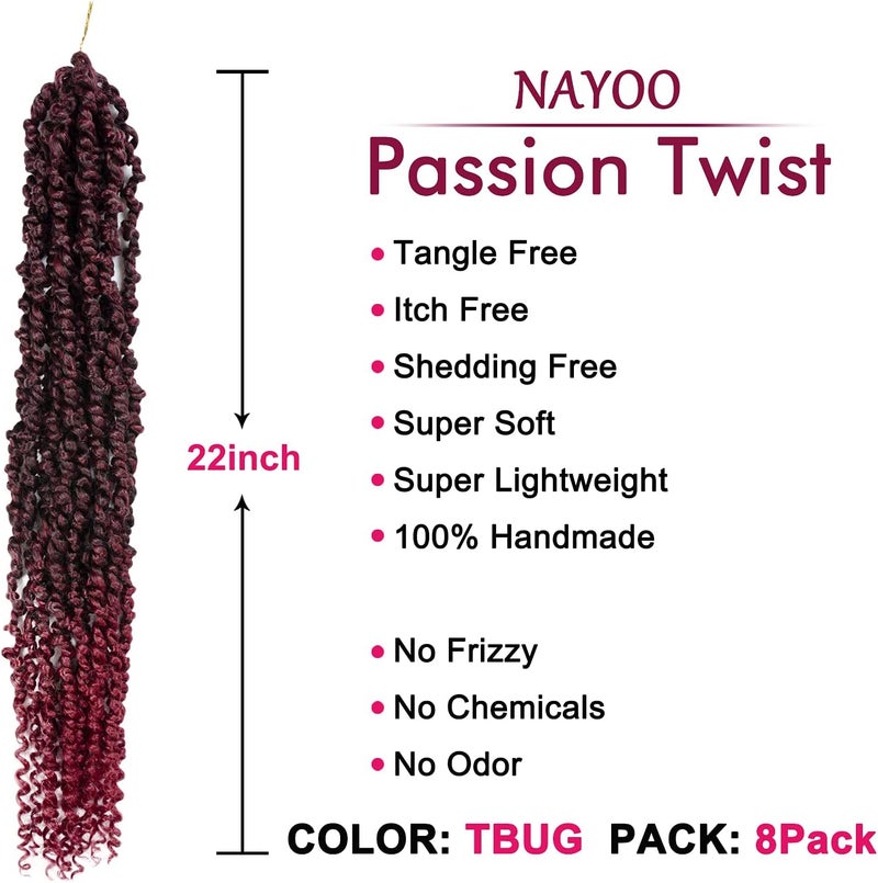 NAYOO Passion Twist Hair - 8 Packs 22 Inch Passion Twist Crochet Hair For Women, Crochet Pretwisted Curly Hair Passion Twists Synthetic Braiding Hair Extensions (22 Inch 8 Packs, TBUG) - Image 2
