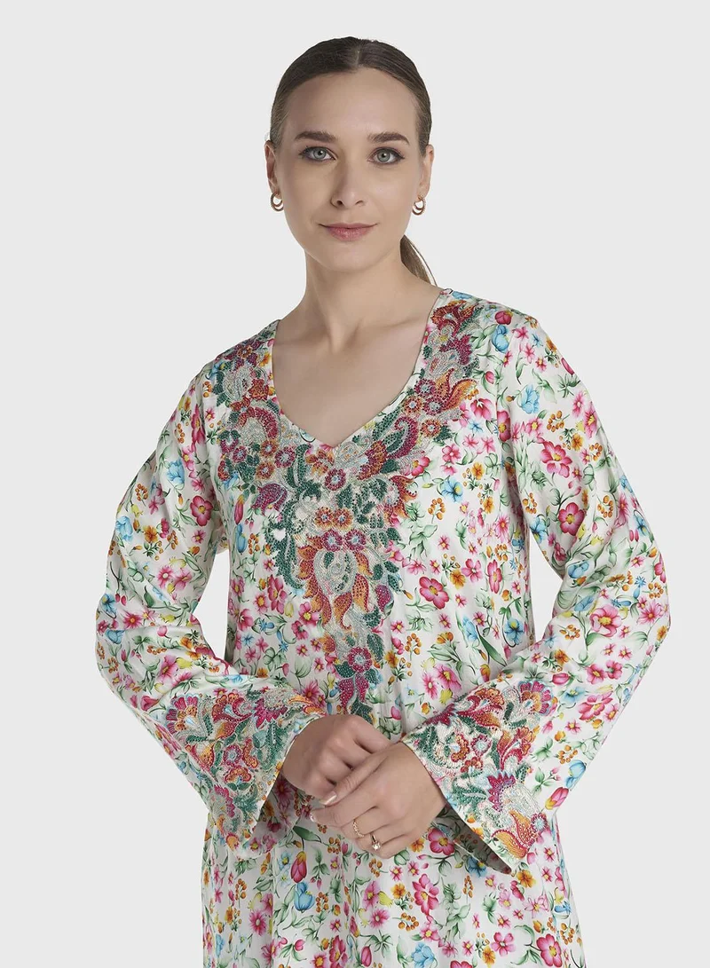 كشخة Multicolour Stone Work Cotton Satin Floral Printed Jalabiya (VG3211)
