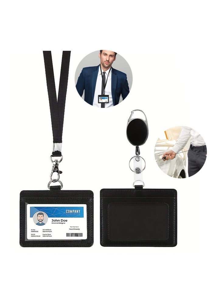 SENDEFN PU Leather ID Badge Card Holder with Lanyard, 2 Card Slot ID Badge Holder with Detachable Neck Lanyard Strap and Retractable Badge Reel ID Card Holders Set for Teacher Nurse Employees School Office Supplies (Horizontal) - Image 1