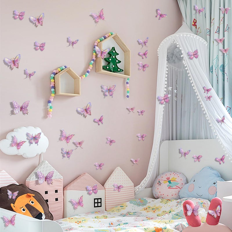 Buiory 3D Butterfly Wall Decor - 50PCS Removable PVC Butterflies Wall Stickers- Multi-Size (2.8"-3.9")- DIY Removable Wall Art Decal for Kids Room, Nursery, Bedroom, Classroom, Party Decoration (Pink) - Image 5