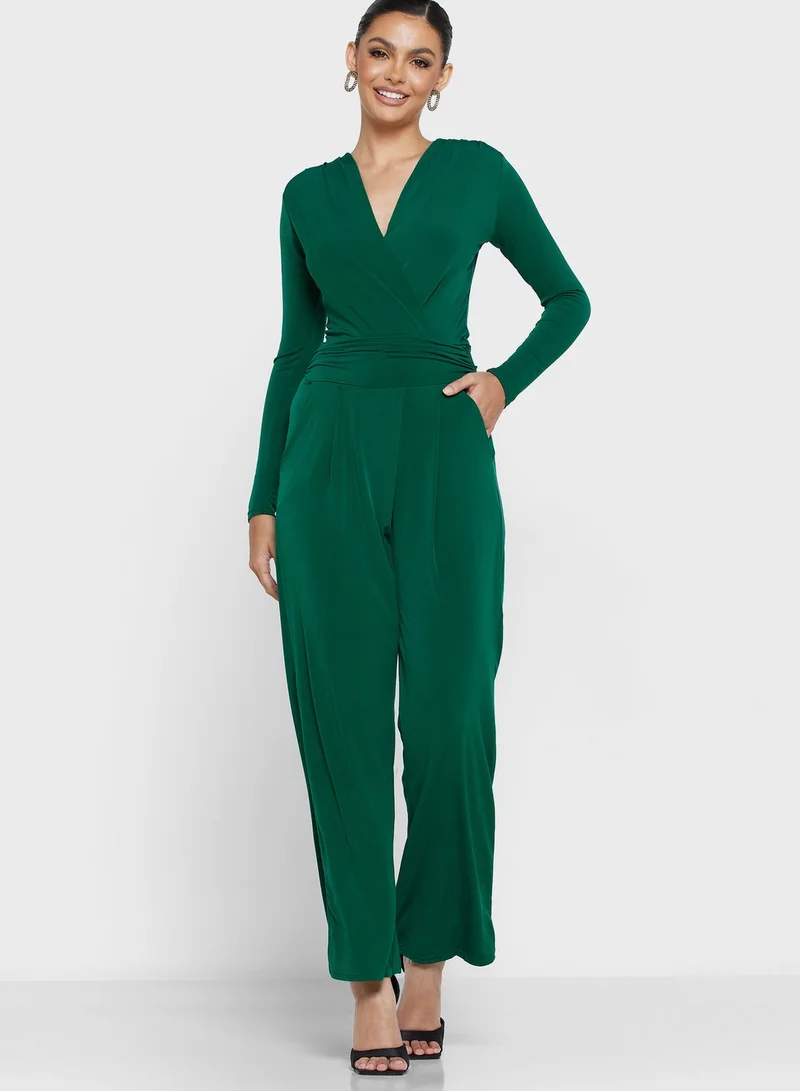 John Zack Plunge Neck Belted Jumpsuit