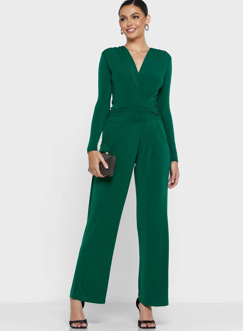 John Zack Plunge Neck Belted Jumpsuit