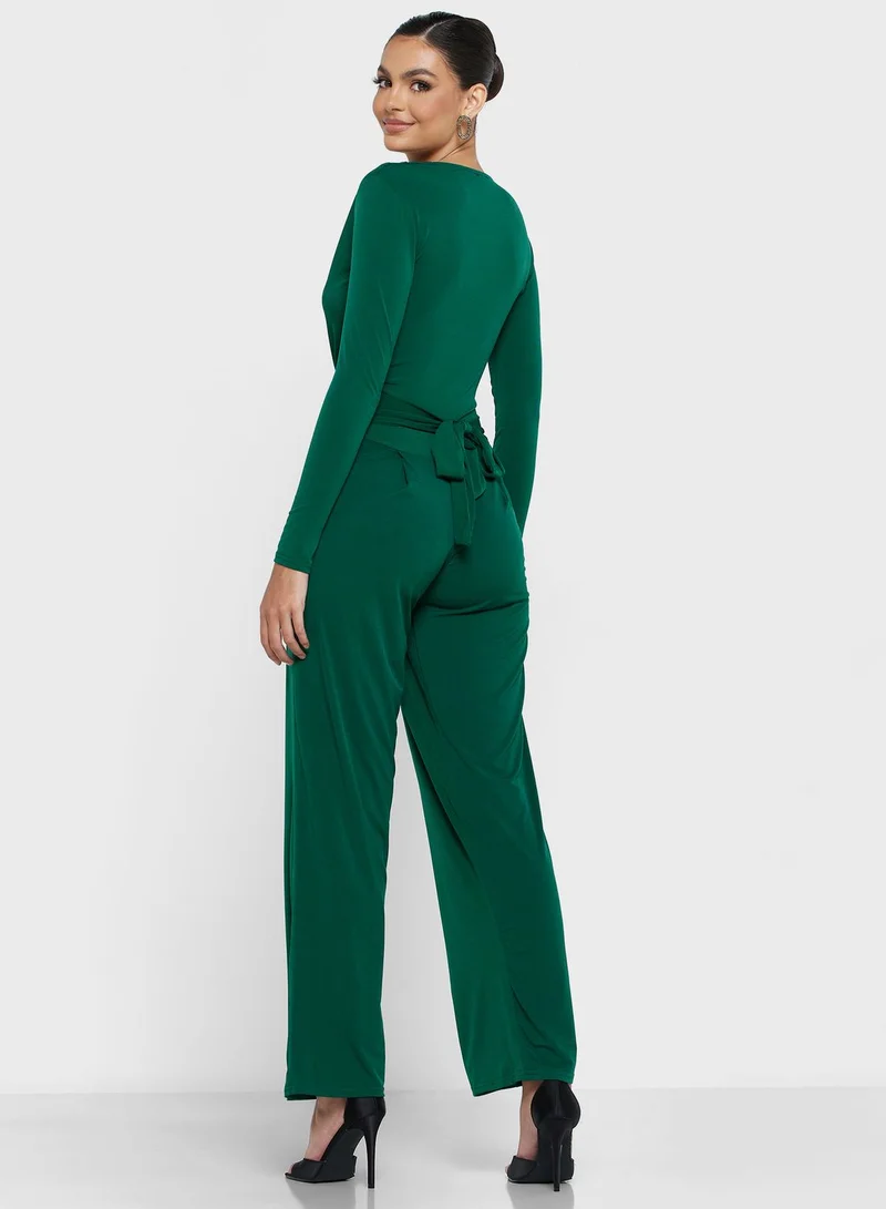 John Zack Plunge Neck Belted Jumpsuit