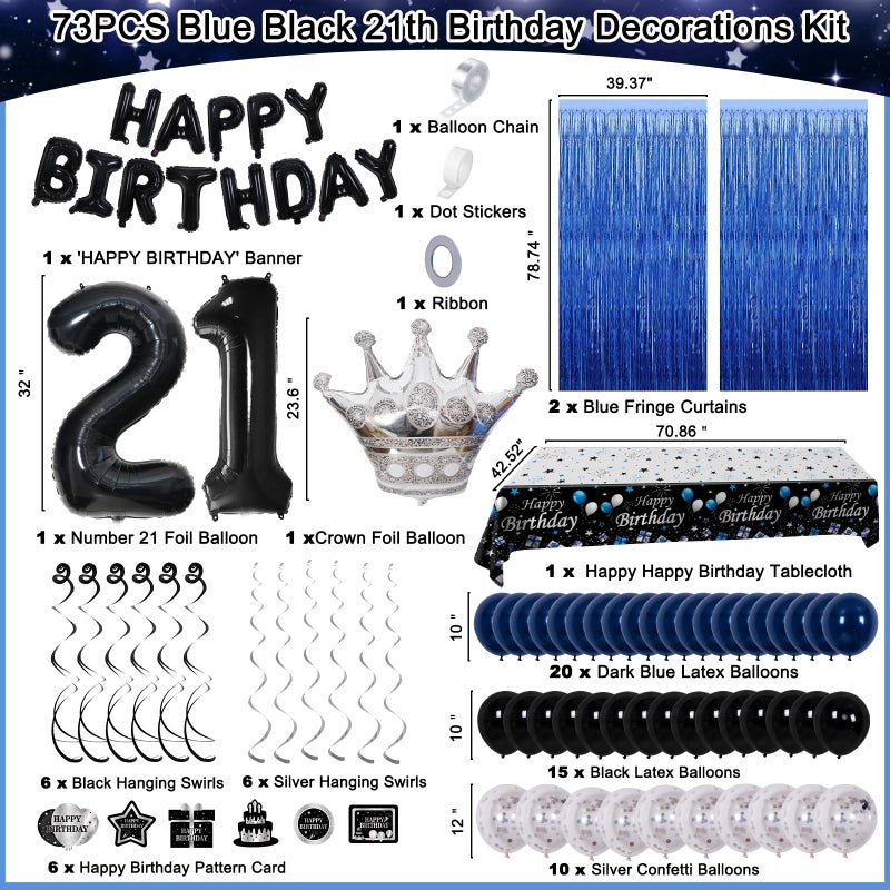 Purtarly 21st Birthday Decorations for Him Her, Blue Black Happy 21 Birthday Decorations for Men Women 21 Year Old Birthday Balloons Banner, Tablecloth, Fringe Curtains Hanging Swirls 21st Bday Party Decor - Image 3