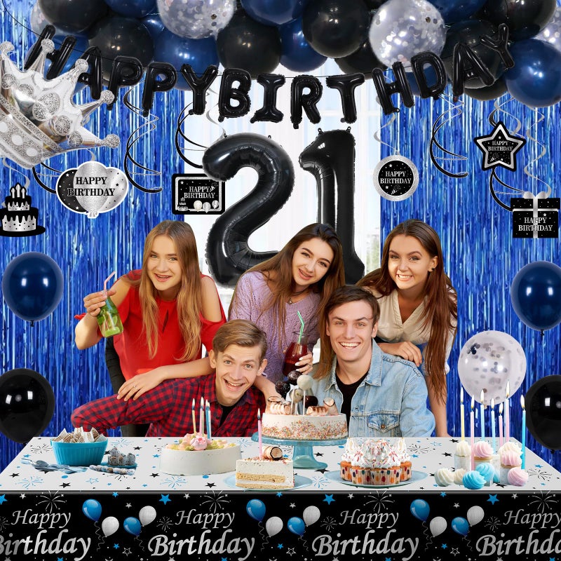 Purtarly 21st Birthday Decorations for Him Her, Blue Black Happy 21 Birthday Decorations for Men Women 21 Year Old Birthday Balloons Banner, Tablecloth, Fringe Curtains Hanging Swirls 21st Bday Party Decor - Image 2