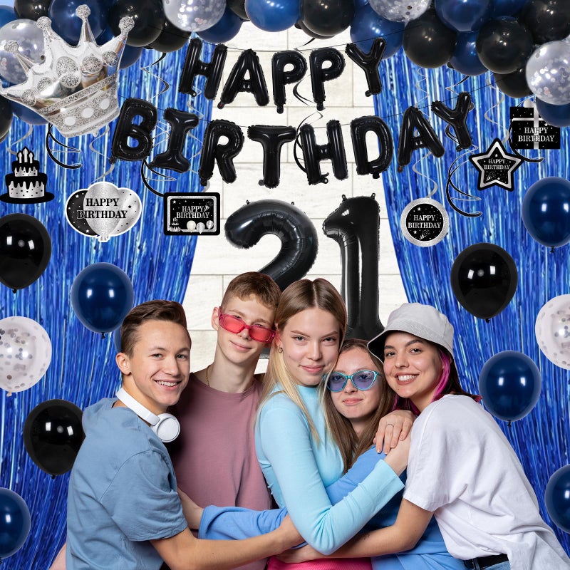 Purtarly 21st Birthday Decorations for Him Her, Blue Black Happy 21 Birthday Decorations for Men Women 21 Year Old Birthday Balloons Banner, Tablecloth, Fringe Curtains Hanging Swirls 21st Bday Party Decor - Image 5