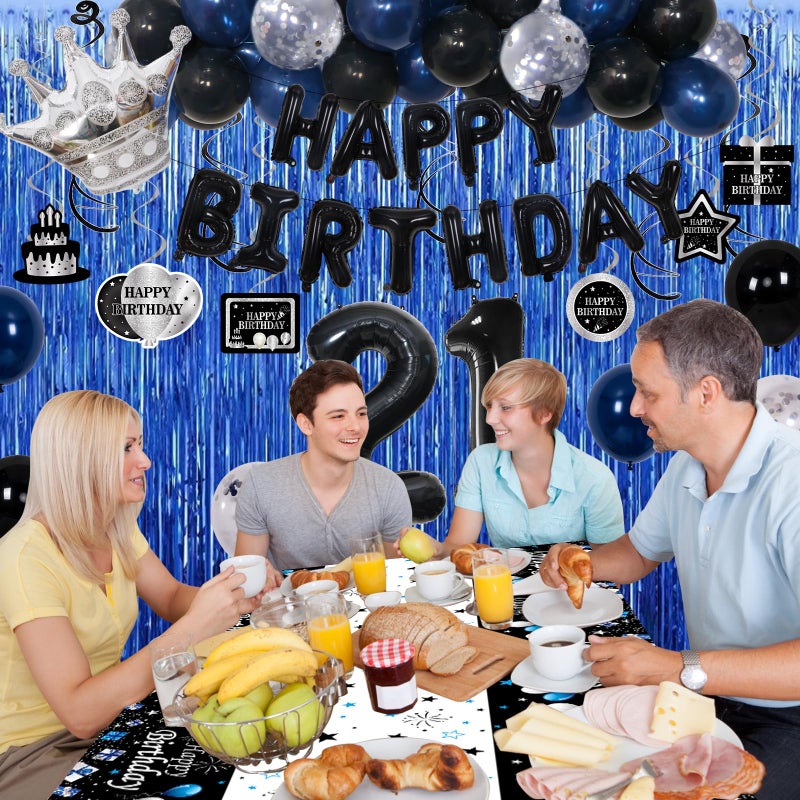 Purtarly 21st Birthday Decorations for Him Her, Blue Black Happy 21 Birthday Decorations for Men Women 21 Year Old Birthday Balloons Banner, Tablecloth, Fringe Curtains Hanging Swirls 21st Bday Party Decor - Image 4