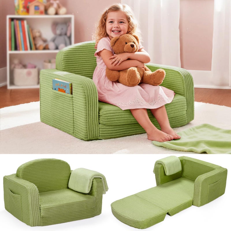 Foryoomi 2 in 1 Convertible Kids Couch - Corduroy Fold Out Kids Sofa Chair with Blanket, Comfy Comfortable Toddler Chair, Machine-Washable Cover, for Boys Girls, Medium Green - Image 1