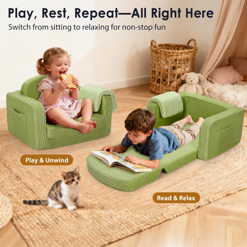 Foryoomi 2 in 1 Convertible Kids Couch - Corduroy Fold Out Kids Sofa Chair with Blanket, Comfy Comfortable Toddler Chair, Machine-Washable Cover, for Boys Girls, Medium Green - Image 5