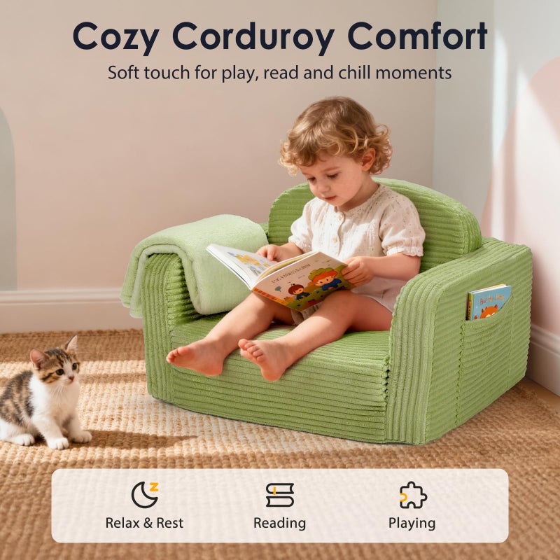 Foryoomi 2 in 1 Convertible Kids Couch - Corduroy Fold Out Kids Sofa Chair with Blanket, Comfy Comfortable Toddler Chair, Machine-Washable Cover, for Boys Girls, Medium Green - Image 2