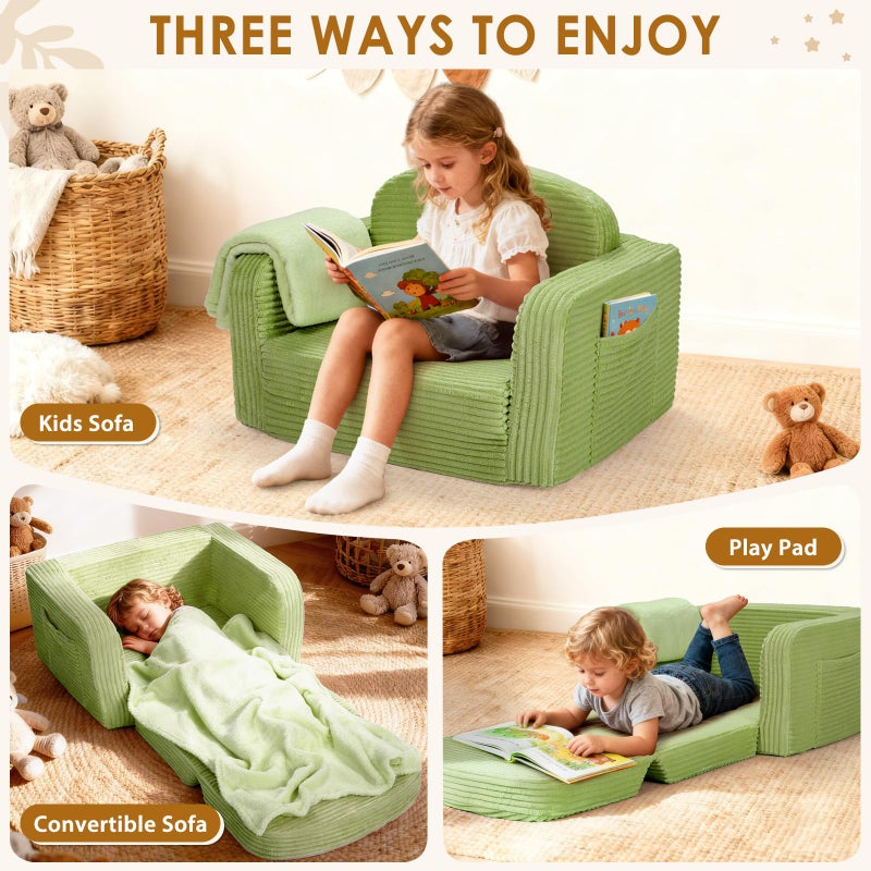 Foryoomi 2 in 1 Convertible Kids Couch - Corduroy Fold Out Kids Sofa Chair with Blanket, Comfy Comfortable Toddler Chair, Machine-Washable Cover, for Boys Girls, Medium Green - Image 3