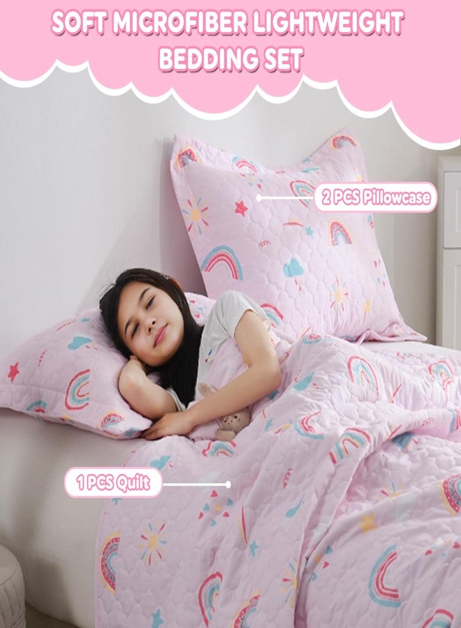 CIMVI Pink Girls Rainbow Quilt Set Full Size Kids Bedding Sets Lightweight Summer Bedspread Soft Microfiber Breathable Bed Comforter All-Season - Image 2