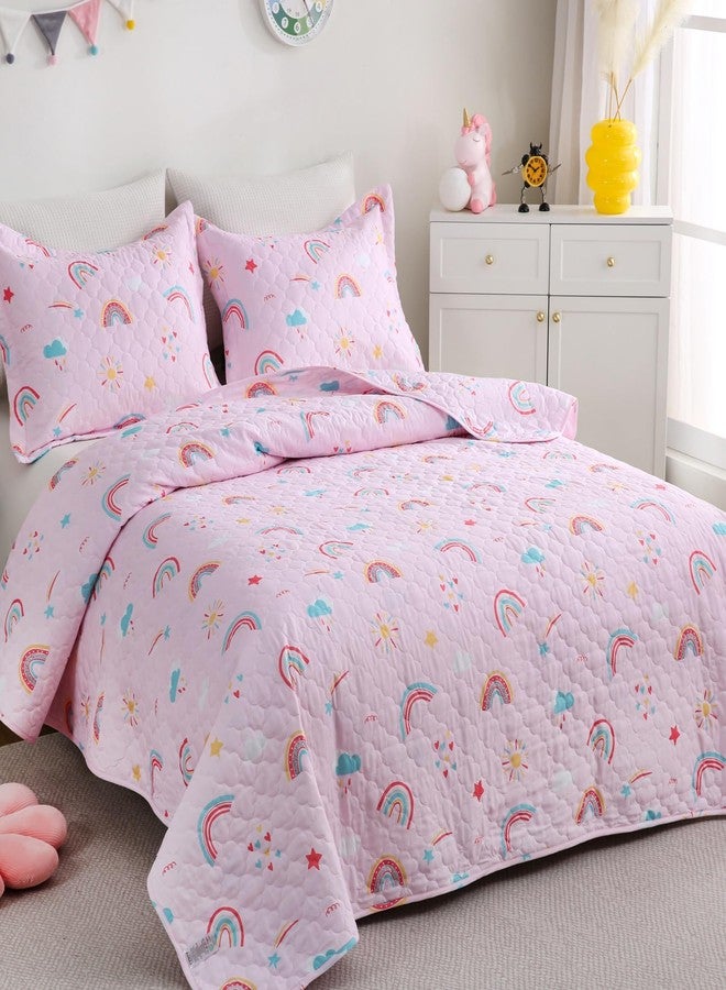 CIMVI Pink Girls Rainbow Quilt Set Full Size Kids Bedding Sets Lightweight Summer Bedspread Soft Microfiber Breathable Bed Comforter All-Season - Image 1