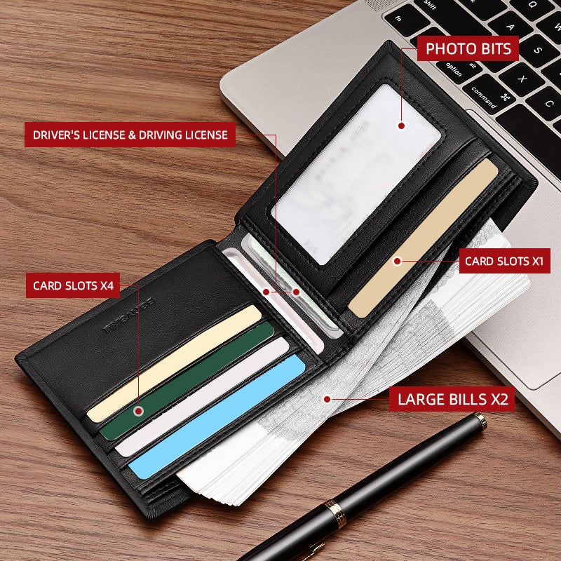 بانيانو محفظة رجالية من الجلد الطبيعي بحماية ضد القراءة الرقمية، تصميم مثنى، أسلوب عصري بسيط - أسود وبنفسجي - Image 2