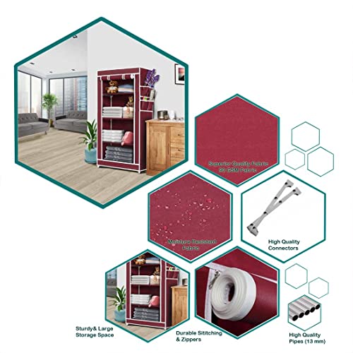 PHILOSHOP 4 Tier Collapsible Wardrobe Clothes Organizer Adjustable Racks Space Saving Foldable Stand Multipurpose Storage Shelves Lightweight Cabinet for Men, Women, Kids with Cover (Maroon) - Image 5