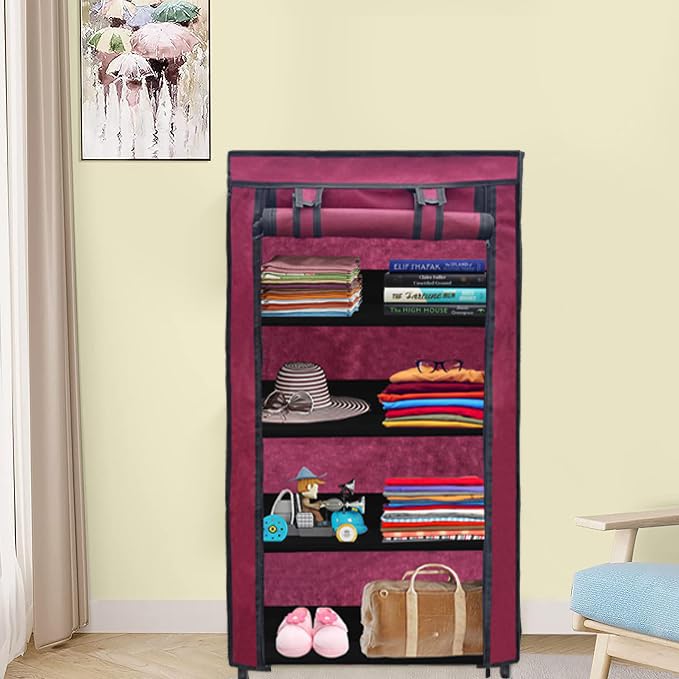 PHILOSHOP 4 Tier Collapsible Wardrobe Clothes Organizer Adjustable Racks Space Saving Foldable Stand Multipurpose Storage Shelves Lightweight Cabinet for Men, Women, Kids with Cover (Maroon) - Image 2