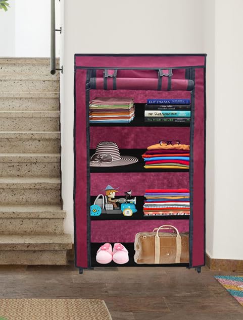 PHILOSHOP 4 Tier Collapsible Wardrobe Clothes Organizer Adjustable Racks Space Saving Foldable Stand Multipurpose Storage Shelves Lightweight Cabinet for Men, Women, Kids with Cover (Maroon) - Image 4