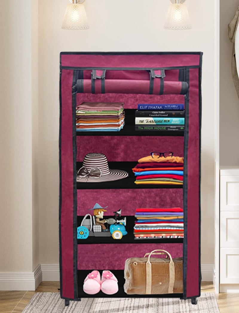 PHILOSHOP 4 Tier Collapsible Wardrobe Clothes Organizer Adjustable Racks Space Saving Foldable Stand Multipurpose Storage Shelves Lightweight Cabinet for Men, Women, Kids with Cover (Maroon) - Image 1
