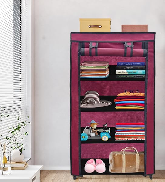 PHILOSHOP 4 Tier Collapsible Wardrobe Clothes Organizer Adjustable Racks Space Saving Foldable Stand Multipurpose Storage Shelves Lightweight Cabinet for Men, Women, Kids with Cover (Maroon) - Image 3