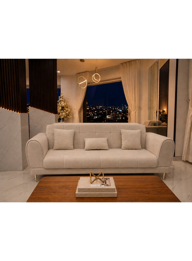 Abdulla Furniture 3-Seater Sofa Couch for Living Room | Modern Tufted Fabric with Gold Legs | 3 Accent Pillows Included | Light Grey color - Image 1