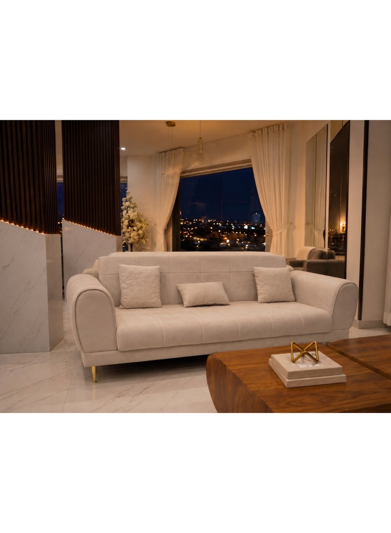 Abdulla Furniture 3-Seater Sofa Couch for Living Room | Modern Tufted Fabric with Gold Legs | 3 Accent Pillows Included | Light Grey color - Image 2